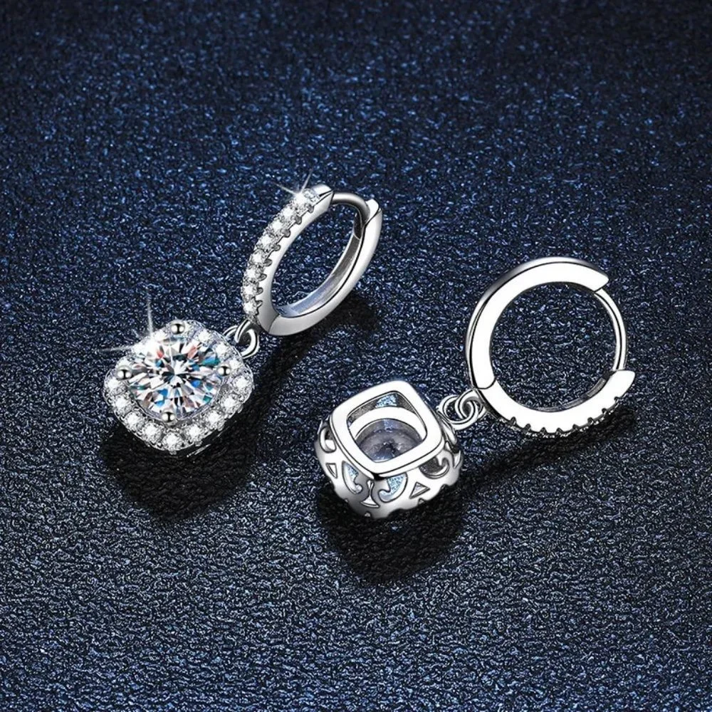 Certified 2ct. t.w. Moissanite Diamond Cushion Halo Drop Hoop Earrings NEW